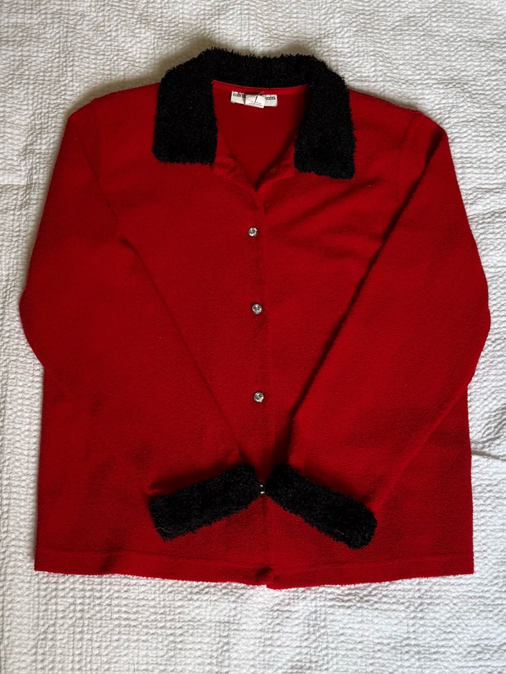 Vintage Red Women's Cardigan with Black Faux-Fur Collar & Cuffs